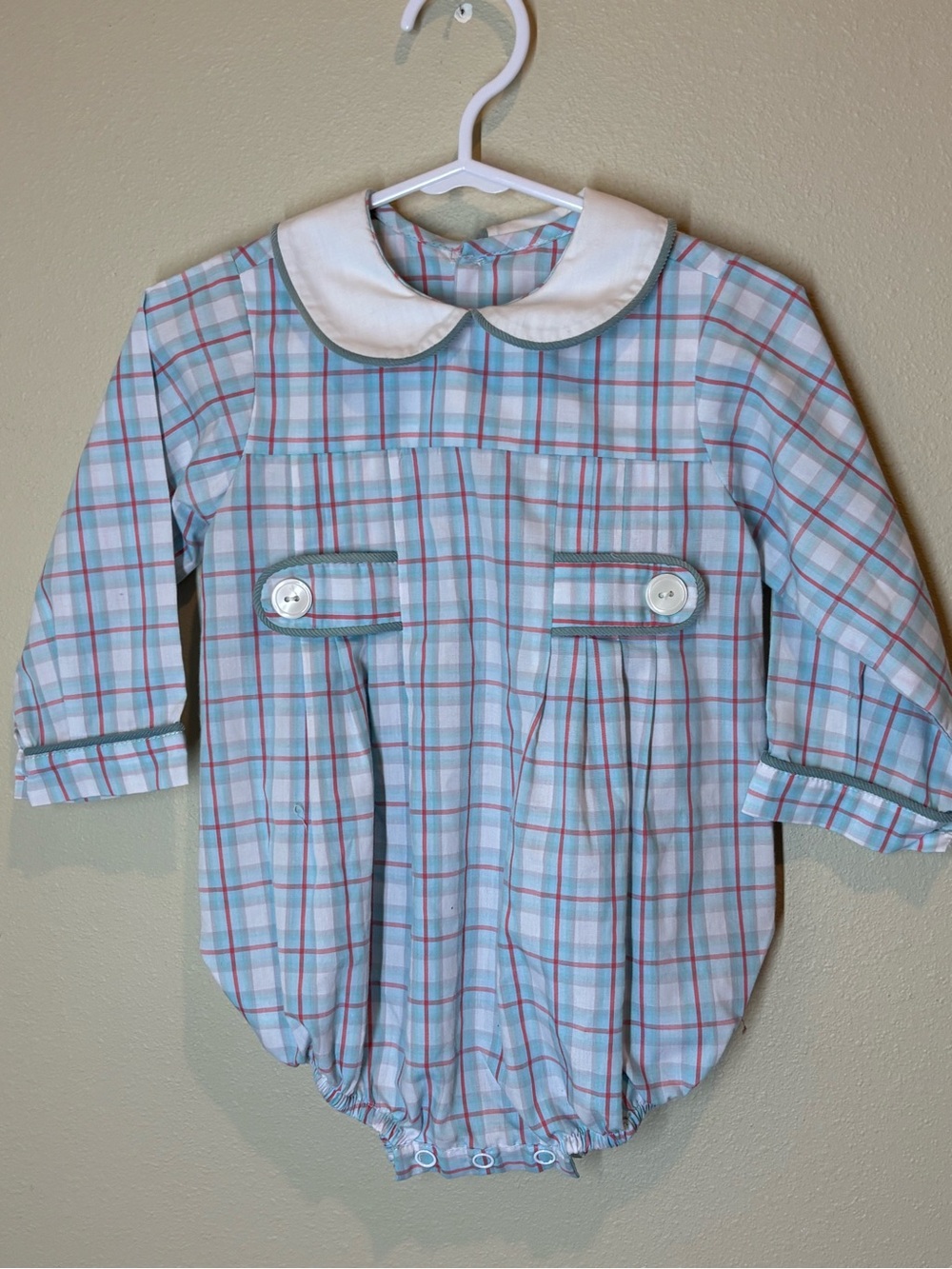 Classic Light Blue Plaid Baby Romper with White Peter Pan Collar, 9 months